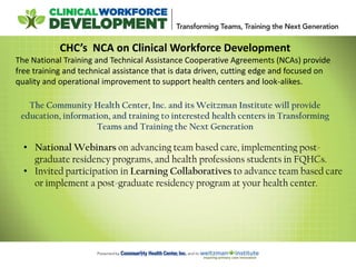 The Community Health Center, Inc. and its Weitzman Institute will provide
education, information, and training to interested health centers in Transforming
Teams and Training the Next Generation
• National Webinars on advancing team based care, implementing post-
graduate residency programs, and health professions students in FQHCs.
• Invited participation in Learning Collaboratives to advance team based care
or implement a post-graduate residency program at your health center.
CHC’s NCA on Clinical Workforce Development
The National Training and Technical Assistance Cooperative Agreements (NCAs) provide
free training and technical assistance that is data driven, cutting edge and focused on
quality and operational improvement to support health centers and look-alikes.
 
