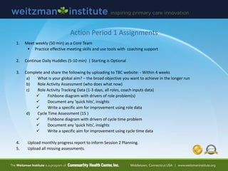 Action Period 1 Assignments
1. Meet weekly (50 min) as a Core Team
 Practice effective meeting skills and use tools with coaching support
2. Continue Daily Huddles (5-10 min) | Starting is Optional
3. Complete and share the following by uploading to TBC website: - Within 4 weeks
a) What is your global aim? – the broad objective you want to achieve in the longer run
b) Role Activity Assessment (who does what now)
c) Role Activity Tracking Data (1-3 days, all roles, coach inputs data)
 Fishbone diagram with drivers of role problem(s)
 Document any ‘quick hits’, insights
 Write a specific aim for improvement using role data
d) Cycle Time Assessment (15 )
 Fishbone diagram with drivers of cycle time problem
 Document any ‘quick hits’, insights
 Write a specific aim for improvement using cycle time data
4. Upload monthly progress report to inform Session 2 Planning.
5. Upload all missing assessments.
 