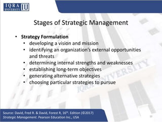 Stages of Strategic Management
• Strategy Formulation
• developing a vision and mission
• identifying an organization’s external opportunities
and threats
• determining internal strengths and weaknesses
• establishing long-term objectives
• generating alternative strategies
• choosing particular strategies to pursue
Source: David, Fred R. & David, Forest R, 16th. Edition (©2017)
Strategic Management. Pearson Education Inc., USA 10
 