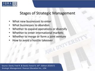 Stages of Strategic Management
• What new businesses to enter
• What businesses to abandon
• Whether to expand operations or diversify
• Whether to enter international markets
• Whether to merge or form a joint venture
• How to avoid a hostile takeover
Source: David, Fred R. & David, Forest R, 16th. Edition (©2017)
Strategic Management. Pearson Education Inc., USA 11
 