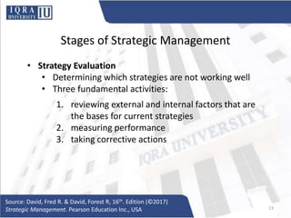 Stages of Strategic Management
• Strategy Evaluation
• Determining which strategies are not working well
• Three fundamental activities:
1. reviewing external and internal factors that are
the bases for current strategies
2. measuring performance
3. taking corrective actions
Source: David, Fred R. & David, Forest R, 16th. Edition (©2017)
Strategic Management. Pearson Education Inc., USA 13
 
