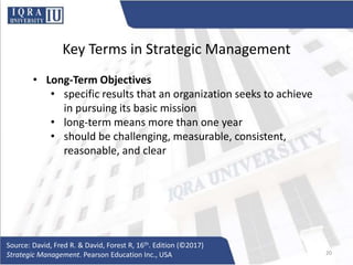 Key Terms in Strategic Management
• Long-Term Objectives
• specific results that an organization seeks to achieve
in pursuing its basic mission
• long-term means more than one year
• should be challenging, measurable, consistent,
reasonable, and clear
Source: David, Fred R. & David, Forest R, 16th. Edition (©2017)
Strategic Management. Pearson Education Inc., USA 20
 