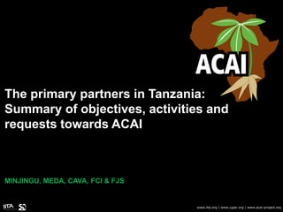 The primary partners in Tanzania:
Summary of objectives, activities and
requests towards ACAI
MINJINGU, MEDA, CAVA, FCI & FJS
www.iita.org | www.cgiar.org | www.acai-project.org
 
