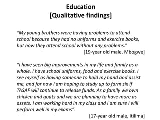 Education
[Qualitative findings]
“My young brothers were having problems to attend
school because they had no uniforms and exercise books,
but now they attend school without any problems.”
[19-year old male, Mbogwe]
“I have seen big improvements in my life and family as a
whole. I have school uniforms, food and exercise books. I
see myself as having someone to hold my hand and assist
me, and for now I am hoping to study up to form six if
TASAF will continue to release funds. As a family we own
chicken and goats and we are planning to have more as
assets. I am working hard in my class and I am sure I will
perform well in my exams”.
[17-year old male, Itilima]
 