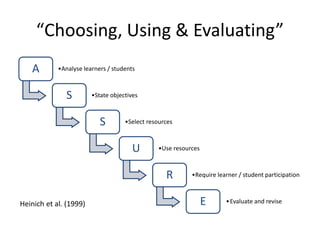 “Choosing, Using & Evaluating”
A •Analyse learners / students
S •State objectives
S •Select resources
U •Use resources
R •Require learner / student participation
E •Evaluate and reviseHeinich et al. (1999)
 