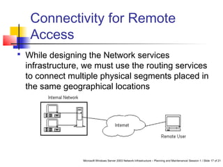 Microsoft Windows Server 2003 Network Infrastructure – Planning and Maintenance/ Session 1 / Slide 17 of 21
Connectivity for Remote
Access
 While designing the Network services
infrastructure, we must use the routing services
to connect multiple physical segments placed in
the same geographical locations
 