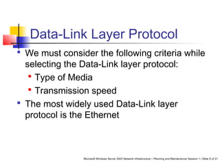 Microsoft Windows Server 2003 Network Infrastructure – Planning and Maintenance/ Session 1 / Slide 8 of 21
Data-Link Layer Protocol
 We must consider the following criteria while
selecting the Data-Link layer protocol:
 Type of Media
 Transmission speed
 The most widely used Data-Link layer
protocol is the Ethernet
 