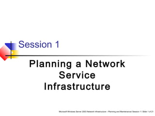 Microsoft Windows Server 2003 Network Infrastructure – Planning and Maintenance/ Session 1 / Slide 1 of 21
Session 1
Planning a Network
Service
Infrastructure
 