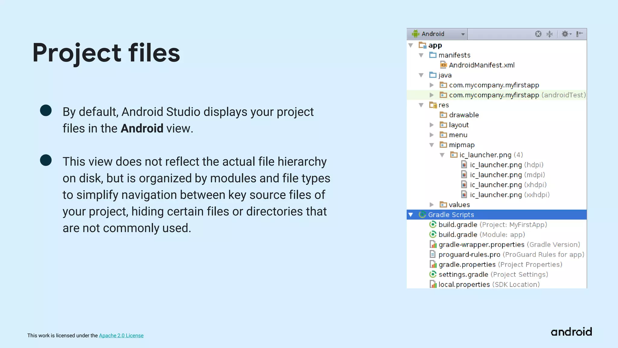 This work is licensed under the Apache 2.0 License
● By default, Android Studio displays your project
files in the Android view.
● This view does not reflect the actual file hierarchy
on disk, but is organized by modules and file types
to simplify navigation between key source files of
your project, hiding certain files or directories that
are not commonly used.
Project files
 