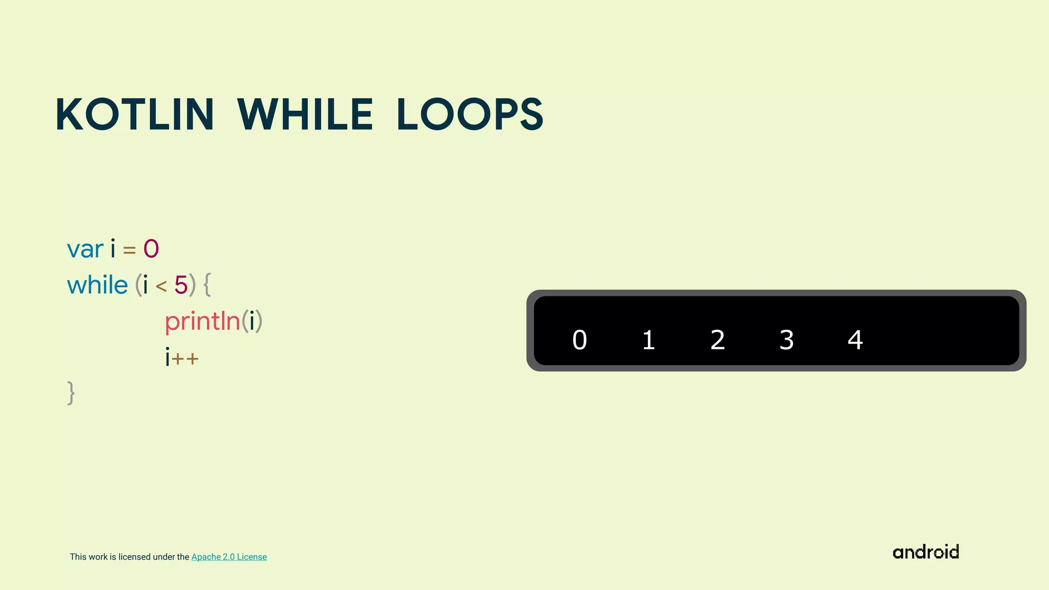 This work is licensed under the Apache 2.0 License
KOTLIN WHILE LOOPS
0 1 2 3 4
var i = 0
while (i < 5) {
println(i)
i++
}
 