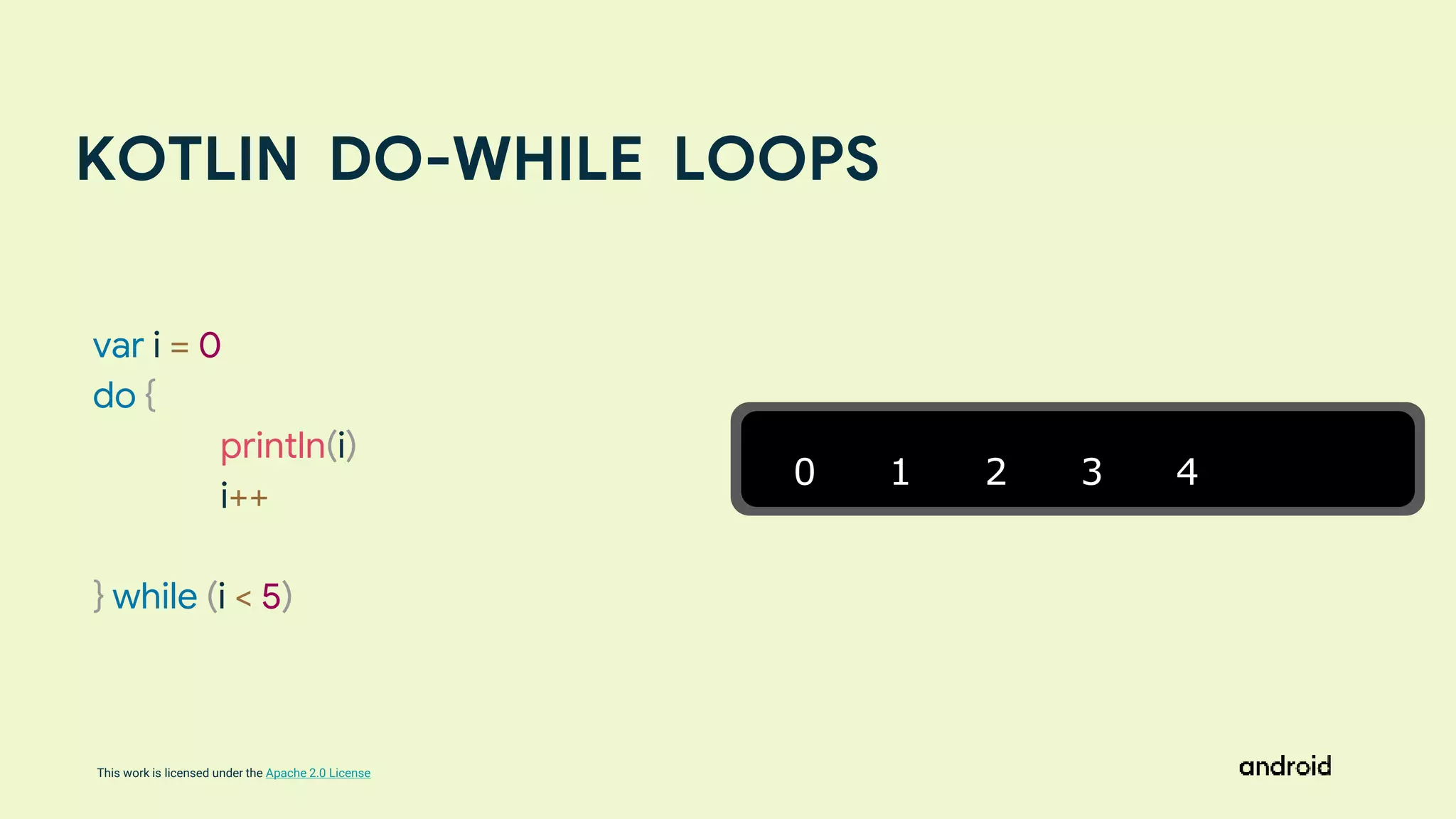 This work is licensed under the Apache 2.0 License
KOTLIN DO-WHILE LOOPS
0 1 2 3 4
var i = 0
do {
println(i)
i++
} while (i < 5)
 