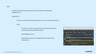 This work is licensed under the Apache 2.0 License
src/
Contains all code and resource files for the module in the following
subdirectories:
androidTest/
Contains code for instrumentation tests that run on an Android device.
main/
Contains the "main" sourceset files: the Android code and
resources shared by all build variants
AndroidManifest.xml
Describes the nature of the application and each of its
components.
 