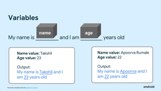 This work is licensed under the Apache 2.0 License
My name is and I am years old
Variables
Name value: Takshil
Age value: 23
Output:
My name is Takshil and I
am 23 years old
Name value: Apoorva Rumale
Age value: 22
Output:
My name is Apoorva and I
am 22 years old
name age
 