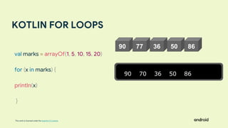 This work is licensed under the Apache 2.0 License
KOTLIN FOR LOOPS
90 77 36 50 86
90 70 36 50 86
val marks = arrayOf(1, 5, 10, 15, 20)
for (x in marks) {
println(x)
}
 