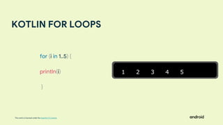 This work is licensed under the Apache 2.0 License
KOTLIN FOR LOOPS
1 2 3 4 5
for (i in 1..5) {
println(i)
}
 