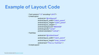 This work is licensed under the Apache 2.0 License
<?xml version="1.0" encoding="utf-8"?>
<LinearLayout
android:id="@+id/layout2"
android:layout_width="match_parent"
android:layout_height="match_parent"
android:layout_weight="1"
android:background="#8ED3EB"
android:gravity="center"
android:orientation="vertical" >
<TextView
android:id="@+id/textView4"
android:layout_width="match_parent"
android:layout_height="wrap_content"
android:text="This is a TextView" />
</LinearLayout>
Example of Layout Code
 