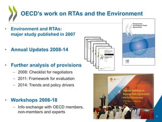 • Environment and RTAs:
major study published in 2007
• Annual Updates 2008-14
• Further analysis of provisions
– 2008: Checklist for negotiators
– 2011: Framework for evaluation
– 2014: Trends and policy drivers
• Workshops 2006-18
– Info exchange with OECD members,
non-members and experts
4
OECD’s work on RTAs and the Environment
 