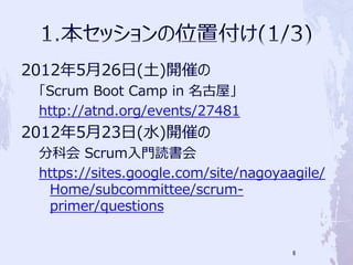 2012526()_ߤ
 Scrum Boot Camp in ݡ
 http://atnd.org/events/27481
2012523(ˮ)_ߤ
 ֿƻ ScrumTi
 https://sites.google.com/site/nagoyaagile/
  Home/subcommittee/scrum-
  primer/questions


                                      6
 