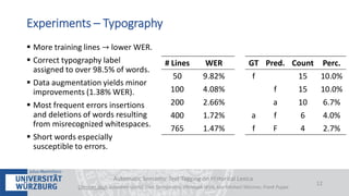  More training lines → lower WER.
 Correct typography label
assigned to over 98.5% of words.
 Data augmentation yields minor
improvements (1.38% WER).
 Most frequent errors insertions
and deletions of words resulting
from misrecognized whitespaces.
 Short words especially
susceptible to errors.
Automatic Semantic Text Tagging on Historical Lexica
Christian Reul, Sebastian Göttel, Uwe Springmann, Christoph Wick, Kay-Michael Würzner, Frank Puppe
12
Experiments – Typography
GT Pred. Count Perc.
f 15 10.0%
f 15 10.0%
a 10 6.7%
a f 6 4.0%
f F 4 2.7%
# Lines WER
50 9.82%
100 4.08%
200 2.66%
400 1.72%
765 1.47%
 