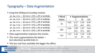  Using the OCRopus3 ocrodeg module:
 Data augmentation improves the results.
 The more augmentations the better –
but saturation quickly kicks in.
 The less real lines available the bigger the effect.
Automatic Semantic Text Tagging on Historical Lexica
Christian Reul, Sebastian Göttel, Uwe Springmann, Christoph Wick, Kay-Michael Würzner, Frank Puppe
21
Typography – Data Augmentation
 