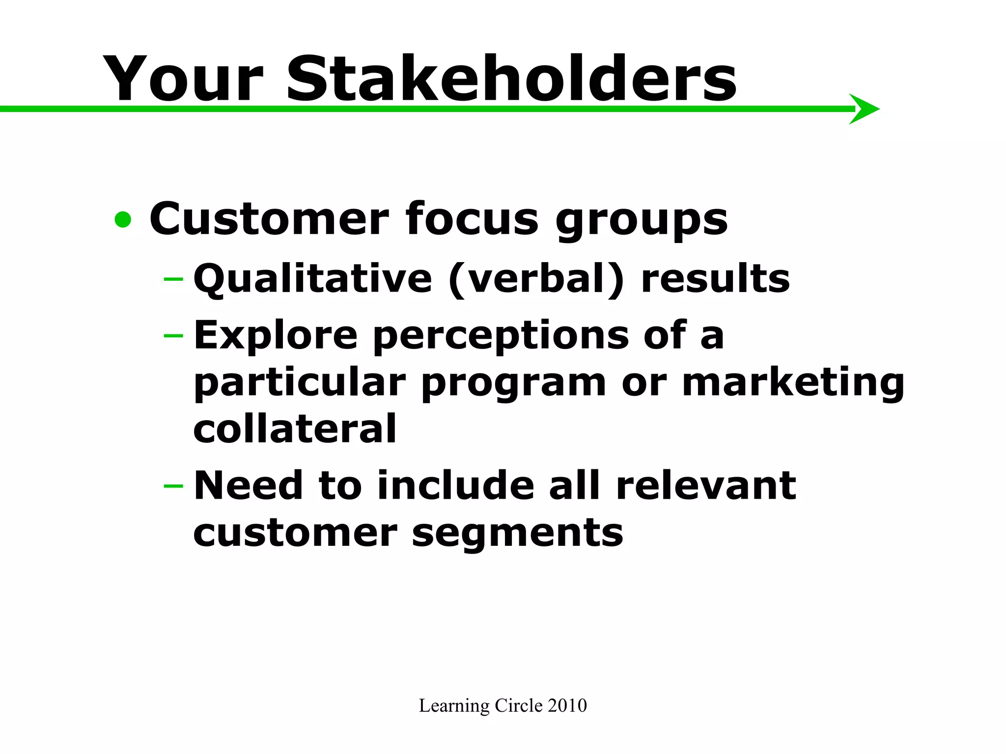 Your Stakeholders Customer focus groups Qualitative (verbal) results Explore perceptions of a particular program or marketing collateral Need to include all relevant customer segments  Learning Circle 2010 