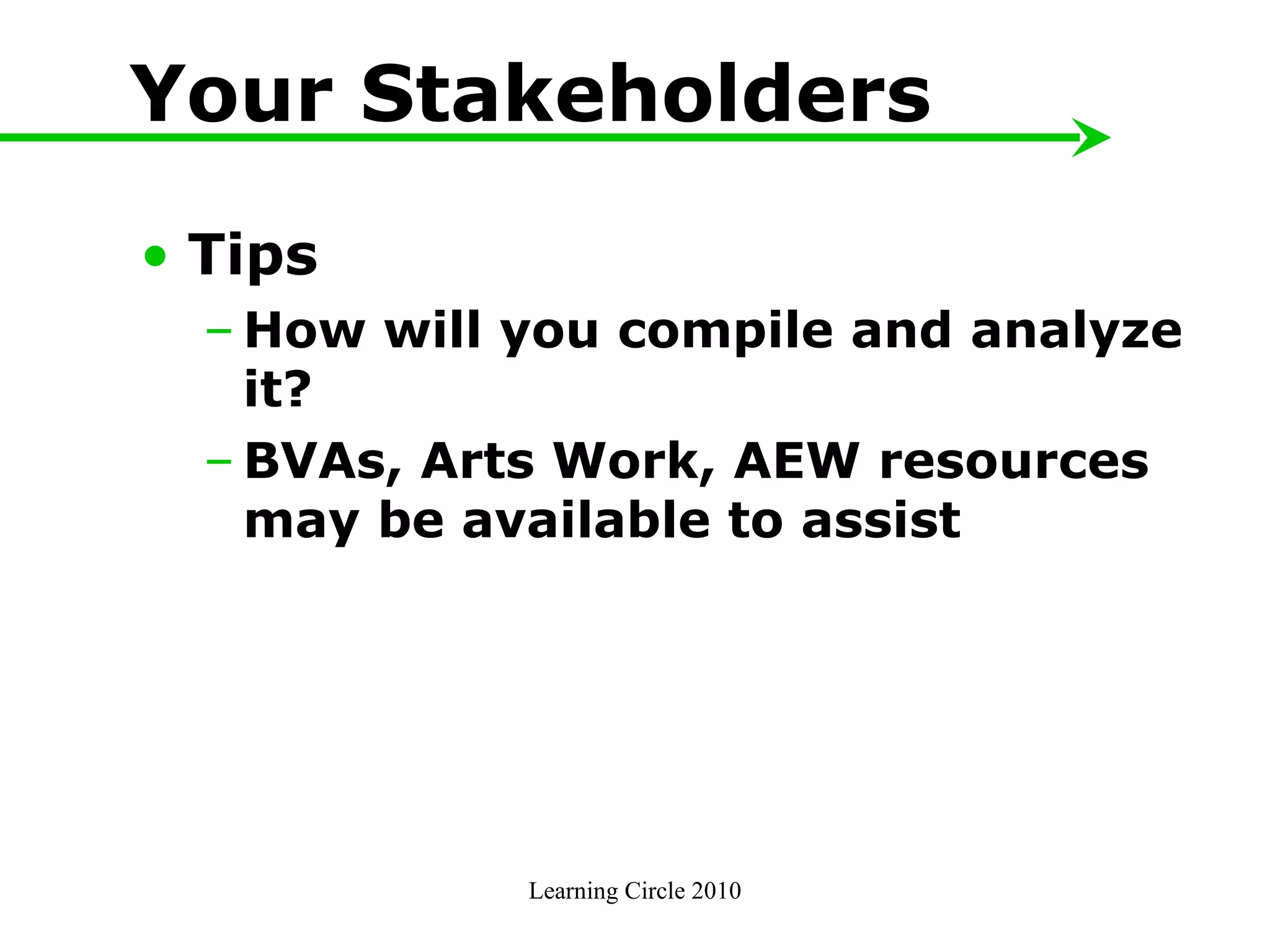 Your Stakeholders Tips  How will you compile and analyze it? BVAs, Arts Work, AEW resources may be available to assist Learning Circle 2010 