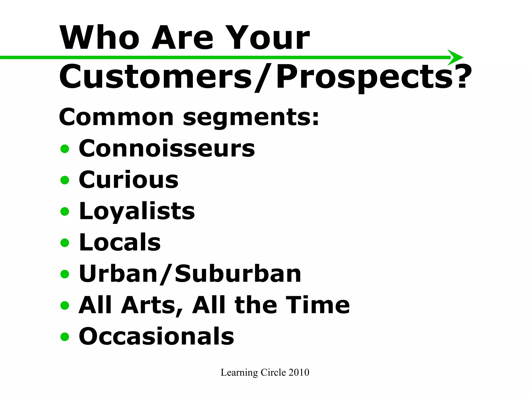 Who Are Your Customers/Prospects? Common segments: Connoisseurs  Curious Loyalists  Locals Urban/Suburban All Arts, All the Time Occasionals Learning Circle 2010 