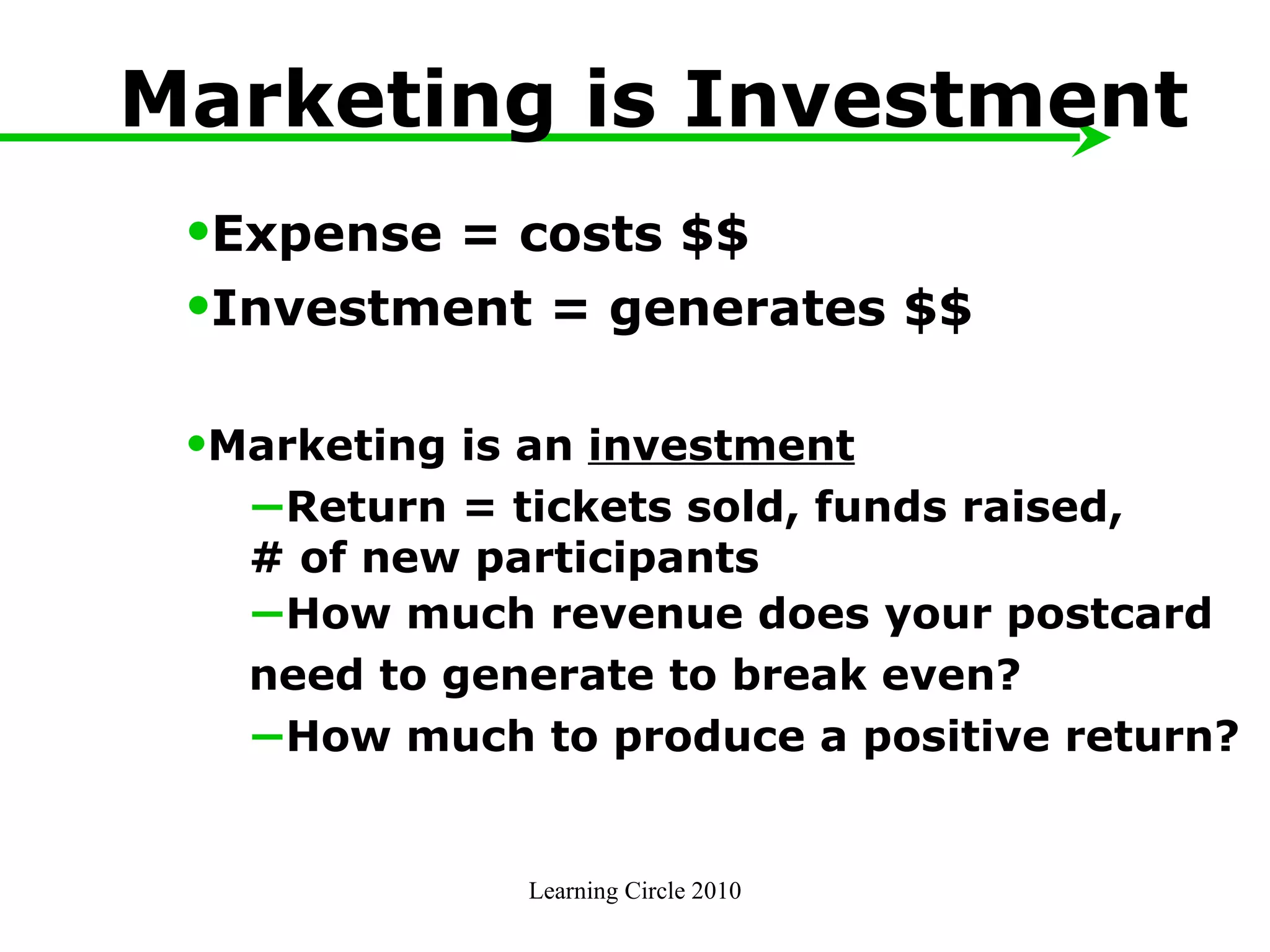 Learning Circle 2010 Marketing is Investment Expense = costs $$ Investment = generates $$ Marketing is an  investment Return = tickets sold, funds raised,  # of new participants How much revenue does your postcard  need to generate to break even?  How much to produce a positive return?  