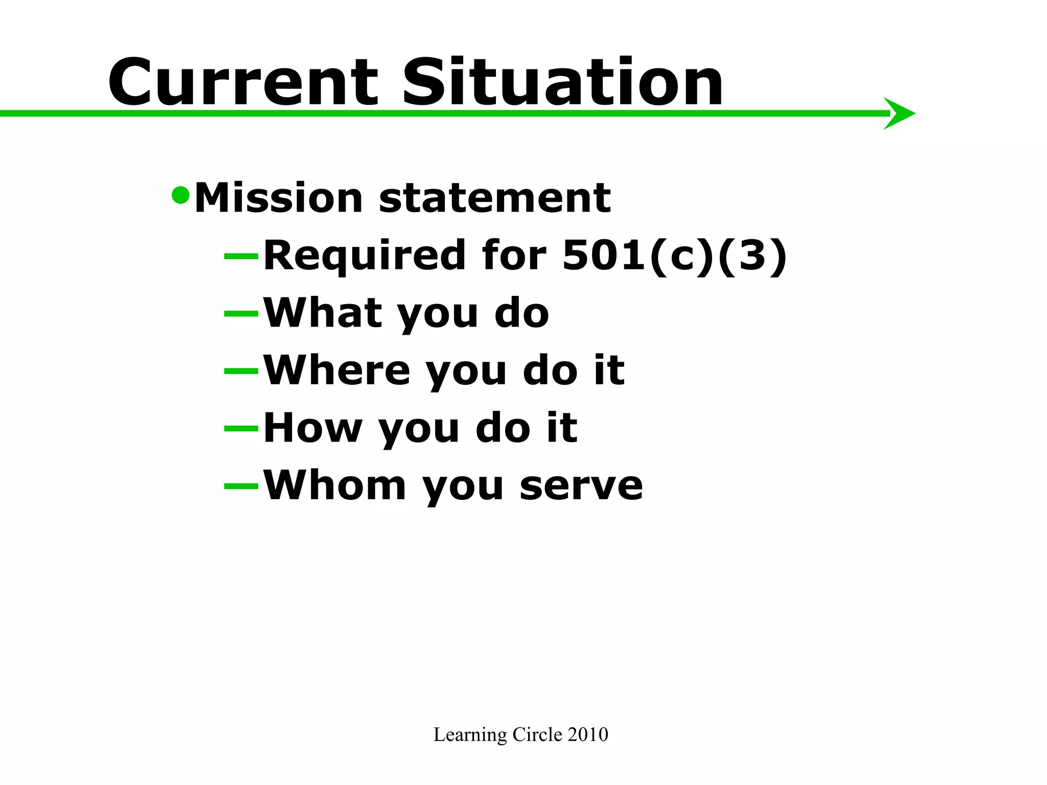 Learning Circle 2010  Current Situation Mission statement Required for 501(c)(3) What you do Where you do it How you do it Whom you serve  