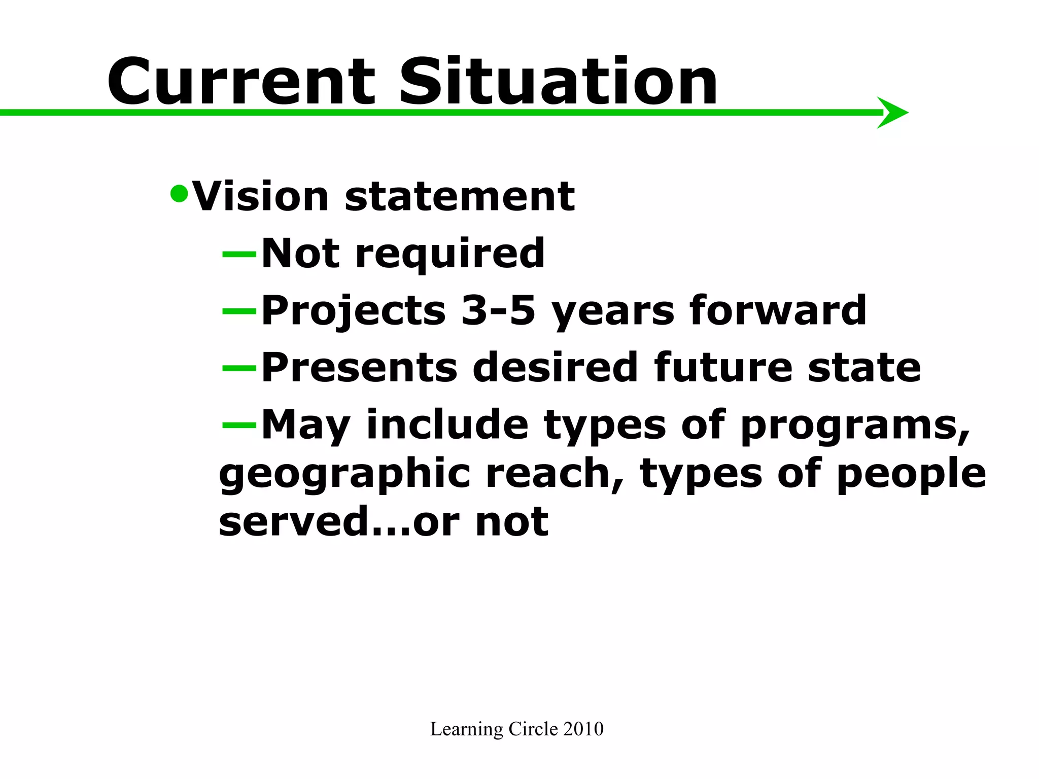 Learning Circle 2010  Current Situation Vision statement Not required Projects 3-5 years forward  Presents desired future state May include types of programs,  geographic reach, types of people  served…or not 
