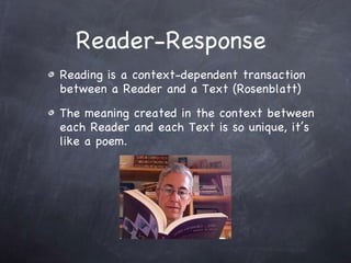 Reader-Response  Reading is a context-dependent transaction between a Reader and a Text (Rosenblatt) The meaning created in the context between each Reader and each Text is so unique, it’s like a poem. 