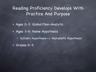 Reading Proficiency Develops With Practice And Purpose Ages 0-3: Global/Non-Analytic Ages 3-6: Name Hypothesis Syllabic Hypothesis--> Alphabetic Hypothesis Grades K-3:  