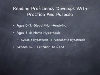 Reading Proficiency Develops With Practice And Purpose Ages 0-3: Global/Non-Analytic Ages 3-6: Name Hypothesis Syllabic Hypothesis--> Alphabetic Hypothesis Grades K-3: Learning to Read 