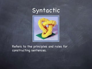 Syntactic Refers to the principles and rules for constructing sentences. 