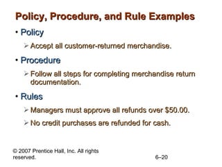 Policy, Procedure, and Rule Examples Policy Accept all customer-returned merchandise. Procedure Follow all steps for completing merchandise return documentation. Rules Managers must approve all refunds over $50.00. No credit purchases are refunded for cash. 
