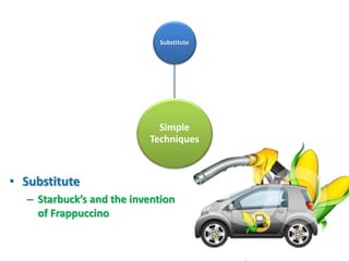 Substitute




                            Simple
                          Techniques



• Substitute
  – Starbuck’s and the invention
    of Frappuccino
 