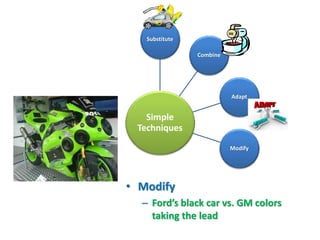 Substitute

                Combine




                          Adapt


   Simple
 Techniques
                          Modify




• Modify
  – Ford’s black car vs. GM colors
    taking the lead
 