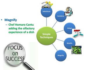 Substitute

                                          Combine

• Magnify
  – Chef Homaro Cantu
    adding the olfactory                            Adapt

    experience of a dish
                             Simple
                           Techniques
                                                    Modify




                                          Magnify
 
