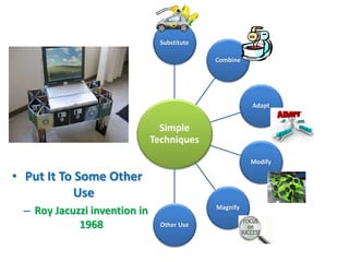 Substitute

                                             Combine




                                                       Adapt


                                Simple
                              Techniques
                                                       Modify

• Put It To Some Other
           Use
 – Roy Jacuzzi invention in                  Magnify

            1968                Other Use
 