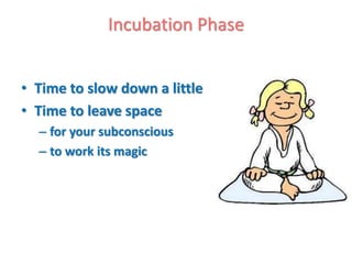 Incubation Phase


• Time to slow down a little
• Time to leave space
  – for your subconscious
  – to work its magic
 