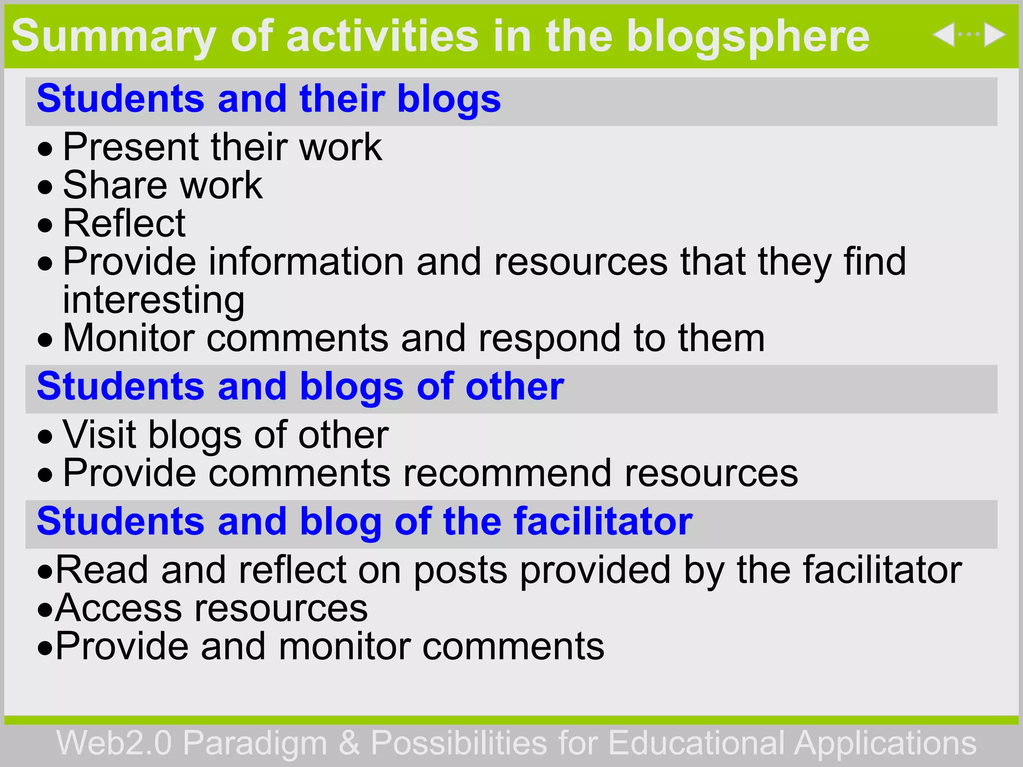 Web2.0 Paradigm & Possibilities for Educational Applications
Summary of activities in the blogsphere
Students and their blogs
 Present their work
 Share work
 Reflect
 Provide information and resources that they find
interesting
 Monitor comments and respond to them
Students and blogs of other
 Visit blogs of other
 Provide comments recommend resources
Students and blog of the facilitator
Read and reflect on posts provided by the facilitator
Access resources
Provide and monitor comments
 