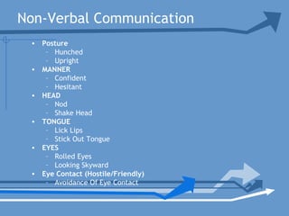 Non-Verbal Communication
• Posture
– Hunched
– Upright
• MANNER
– Confident
– Hesitant
• HEAD
– Nod
– Shake Head
• TONGUE
– Lick Lips
– Stick Out Tongue
• EYES
– Rolled Eyes
– Looking Skyward
• Eye Contact (Hostile/Friendly)
– Avoidance Of Eye Contact
 