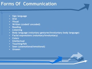 Forms Of Communication
• Sign language
• Oral
• Visual
• Written (coded/ uncoded)
• Reading
• Listening
• Body language (voluntary gestures/involuntary body language)
• Facial expressions (voluntary/involuntary)
• Colors
• Intellectual
• Touching/felt
• Seen (unemotional/emotional)
• Unseen
 