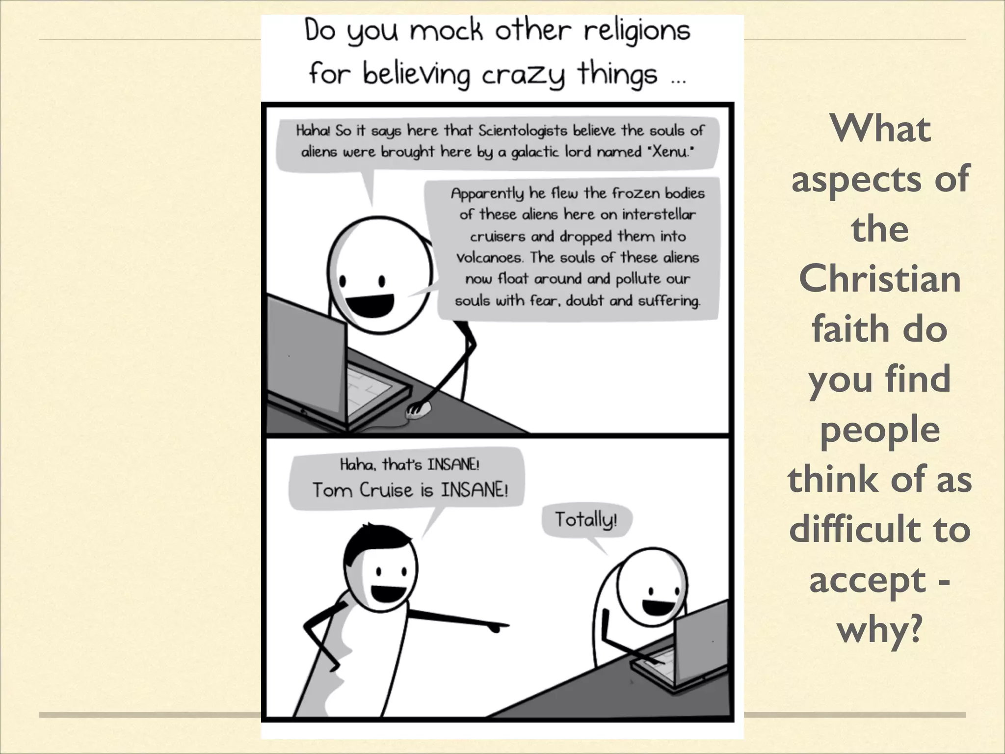 What
aspects of
the
Christian
faith do
you ﬁnd
people
think of as
difﬁcult to
accept why?

 