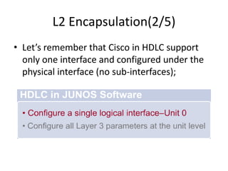 L2 Encapsulation(2/5)
• Let’s remember that Cisco in HDLC support
only one interface and configured under the
physical interface (no sub-interfaces);
 