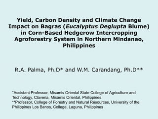 Yield, Carbon Density and Climate Change
Impact on Bagras (Eucalyptus Deglupta Blume)
in Corn-Based Hedgerow Intercropping
Agroforestry System in Northern Mindanao,
Philippines
R.A. Palma, Ph.D* and W.M. Carandang, Ph.D**
*Assistant Professor, Misamis Oriental State College of Agriculture and
Technology, Claveria, Misamis Oriental, Philippines
**Professor, College of Forestry and Natural Resources, University of the
Philippines Los Banos, College, Laguna, Philippines
 