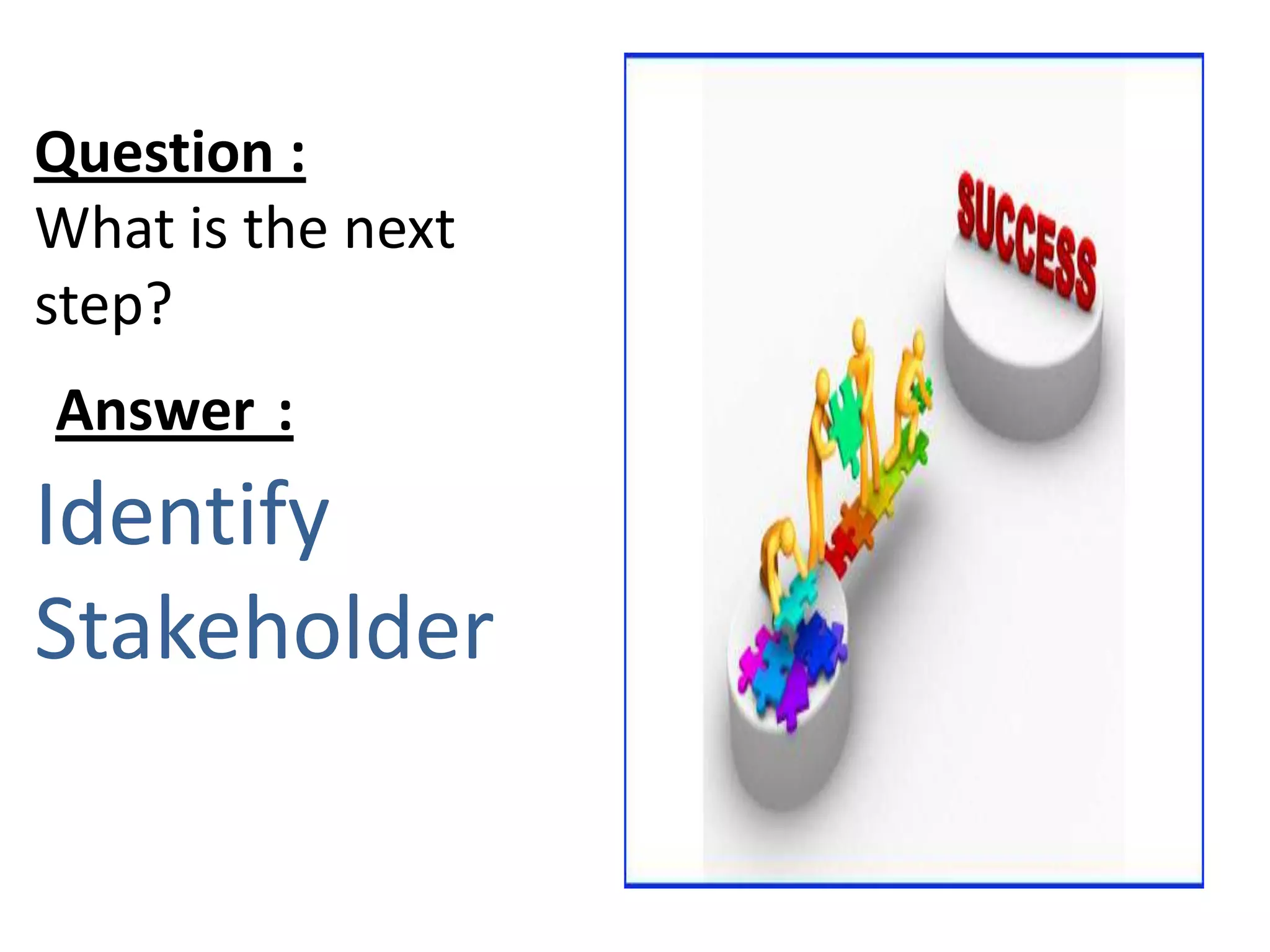 Question :
What is the next
step?
:Answer
Identify
Stakeholder
 