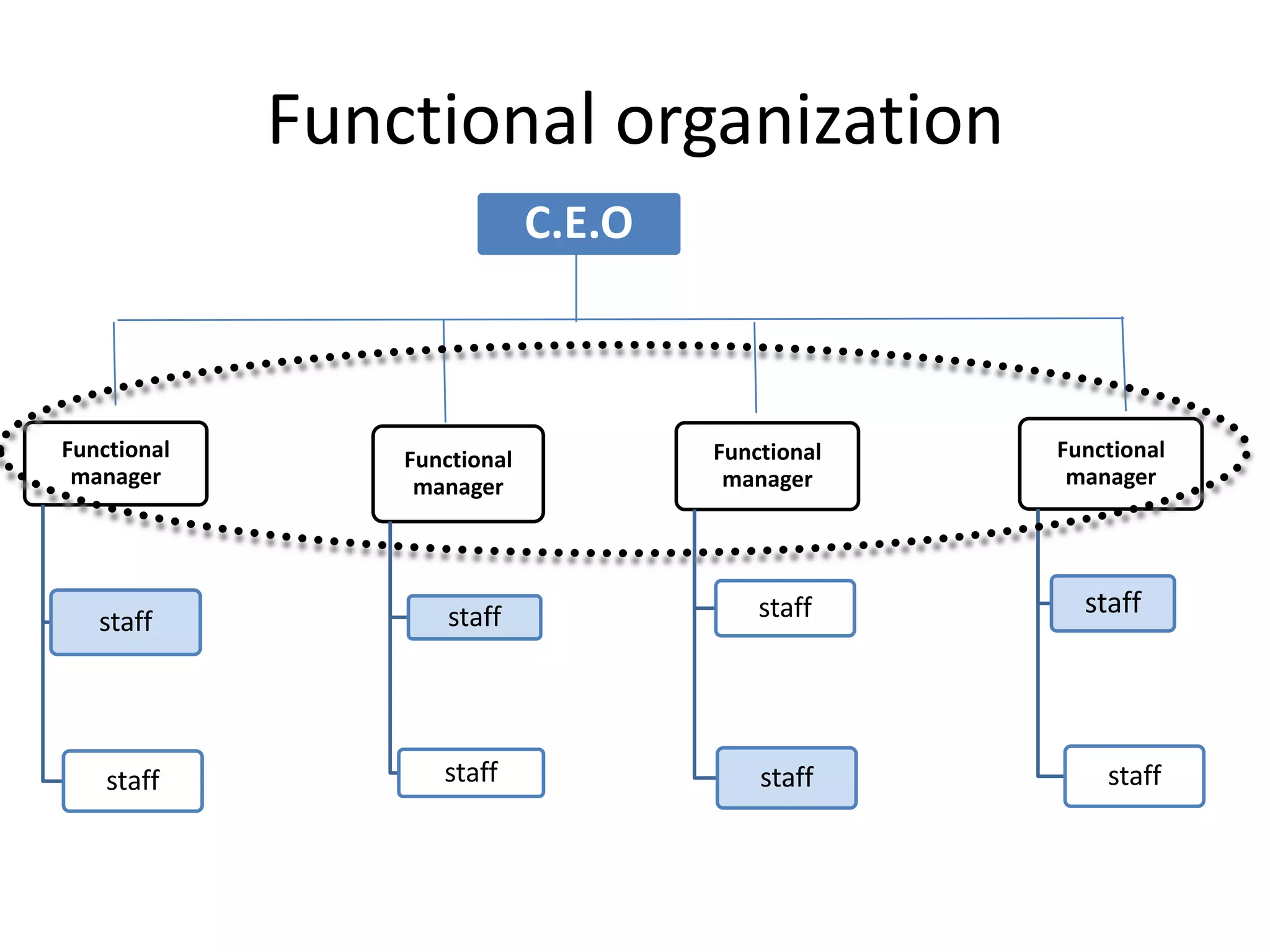 Functional organization
Functional
manager
staff
staff
Functional
manager
staff
staff
Functional
manager
staff
staff
Functional
manager
staff
staff
C.E.O
 