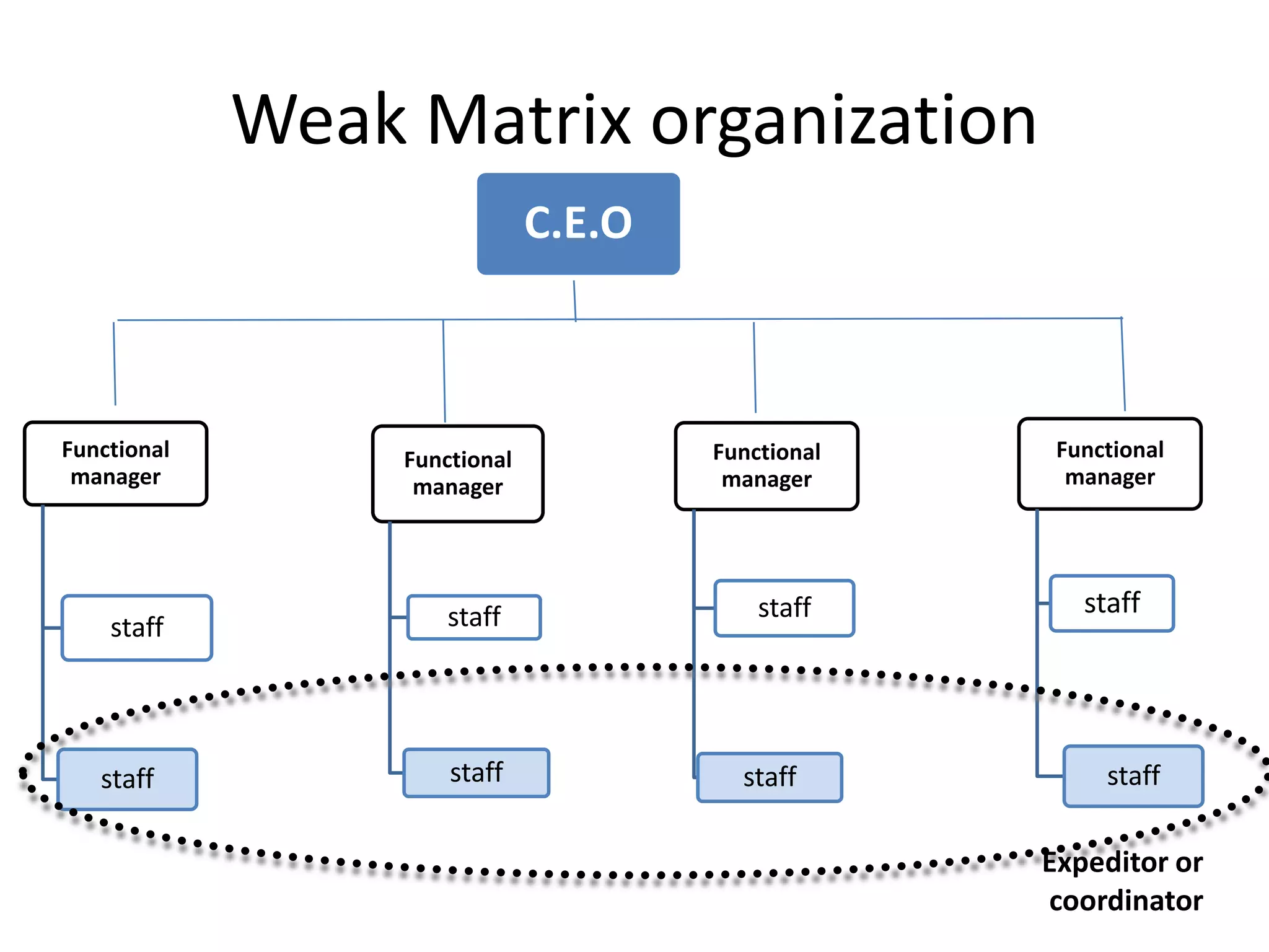 Weak Matrix organization
Functional
manager
staff
staff
Functional
manager
staff
staff
Functional
manager
staff
staff
Functional
manager
staff
staff
C.E.O
Expeditor or
coordinator
 
