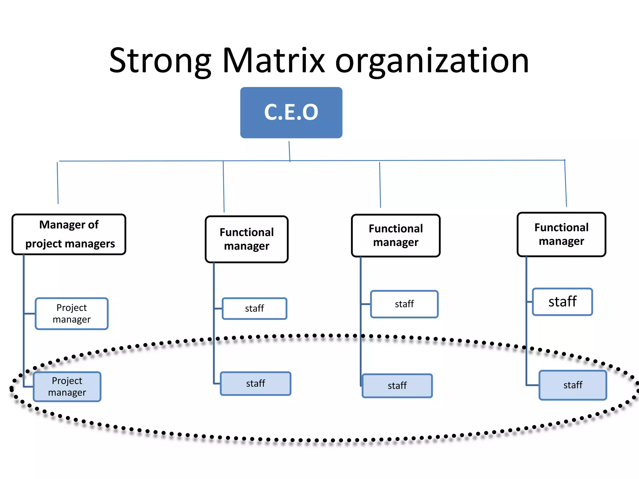 Strong Matrix organization
Manager of
project managers
Project
manager
Project
manager
Functional
manager
staff
staff
Functional
manager
staff
staff
Functional
manager
staff
staff
C.E.O
 